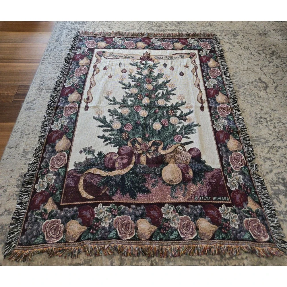 Vicky Howard Christmas Tree Tapestry Throw Blanket Peace on Earth Woven Fringe